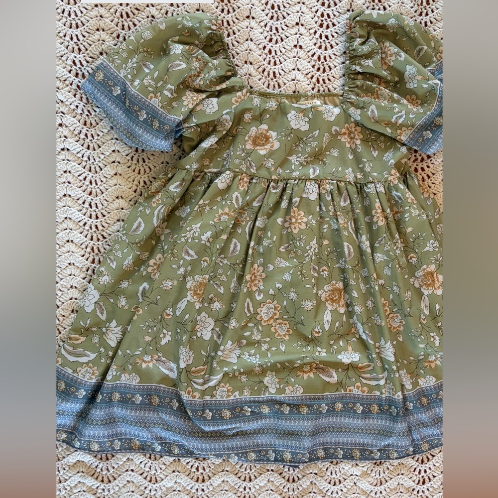 Olive Green Floral Mini Dress with Puff Sleeves